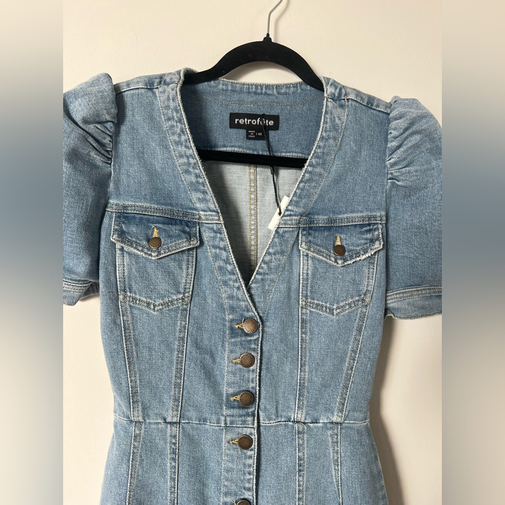 NWT Retrofete Annie Denim Button Up Puff Sleeve Dress in Laguna XS - Picture 8 of 16